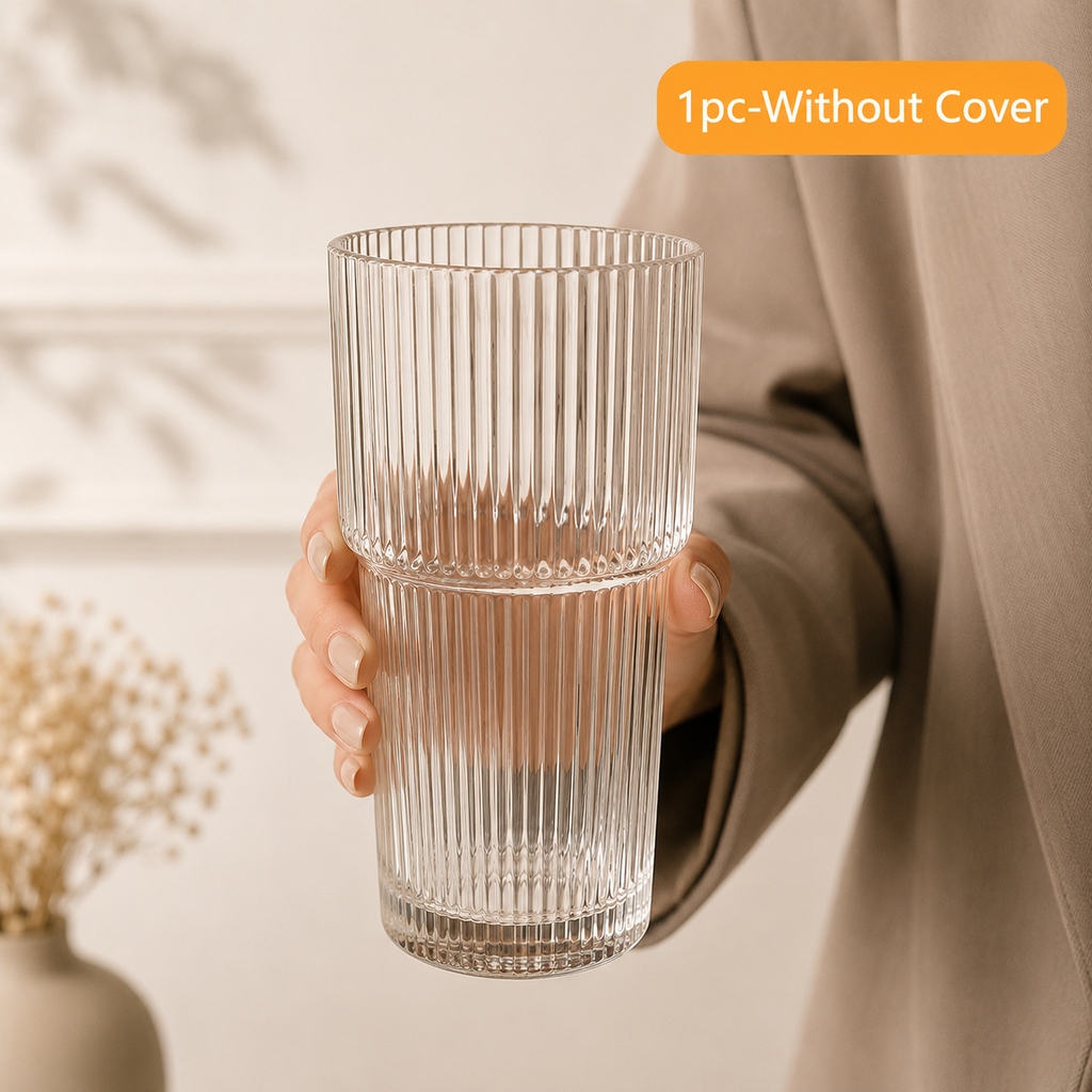 20 oz Ribbed Glass Iced Coffee Cup with Glass Lid & Glass Straw