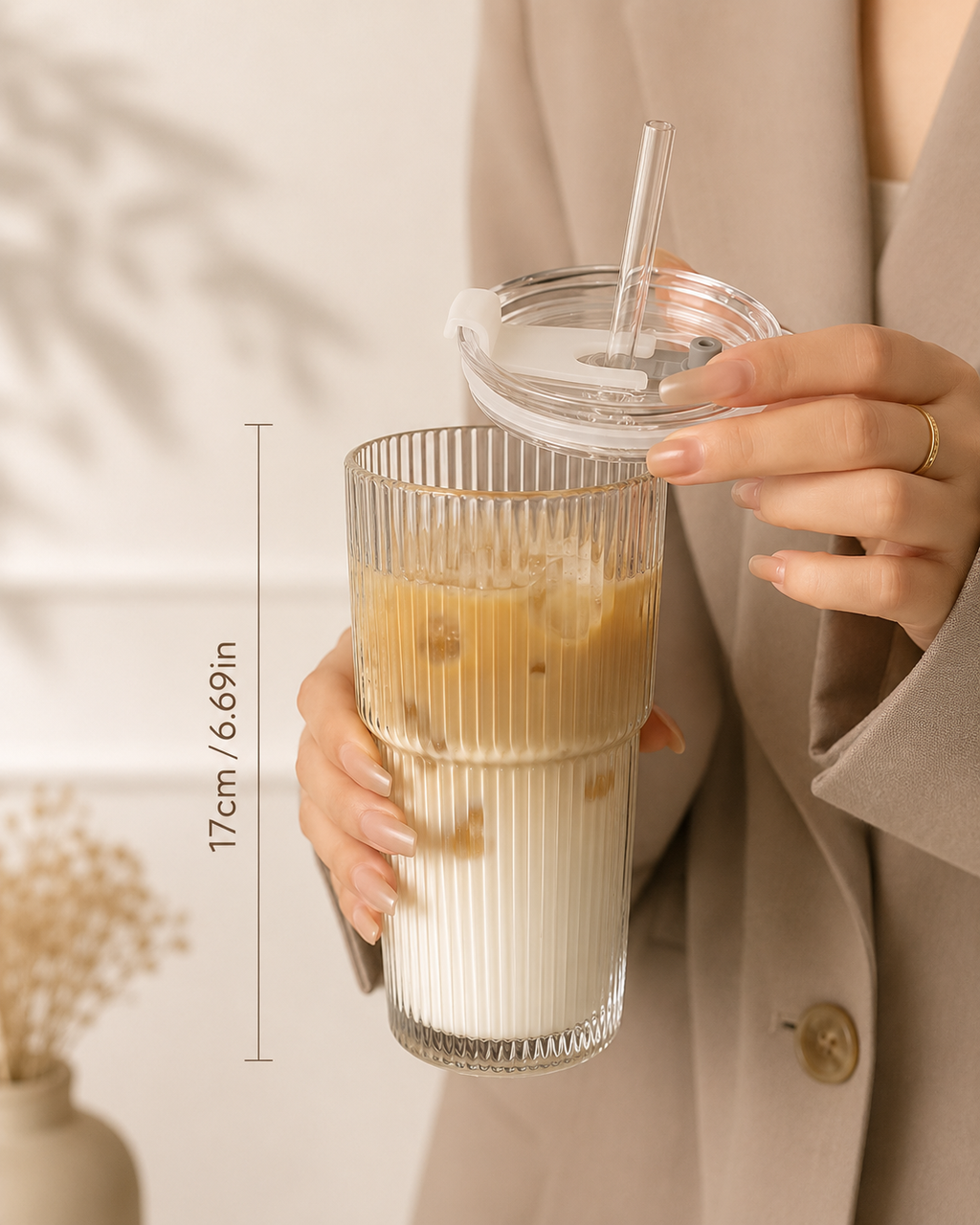 20 oz Ribbed Glass Iced Coffee Cup with Glass Lid & Glass Straw