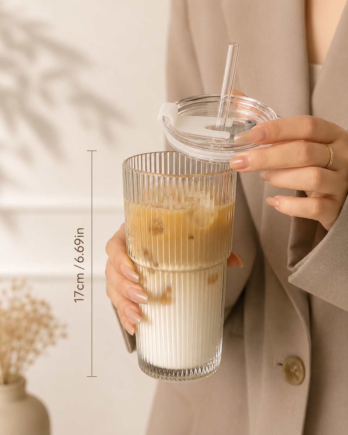 20 oz Ribbed Glass Iced Coffee Cup with Glass Lid & Glass Straw