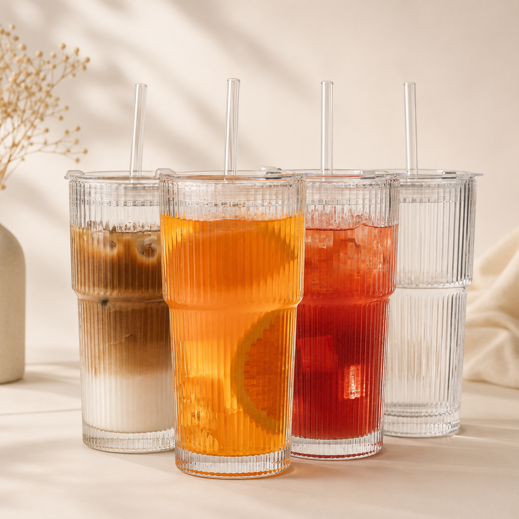 20 oz Ribbed Glass Iced Coffee Cup with Glass Lid & Glass Straw