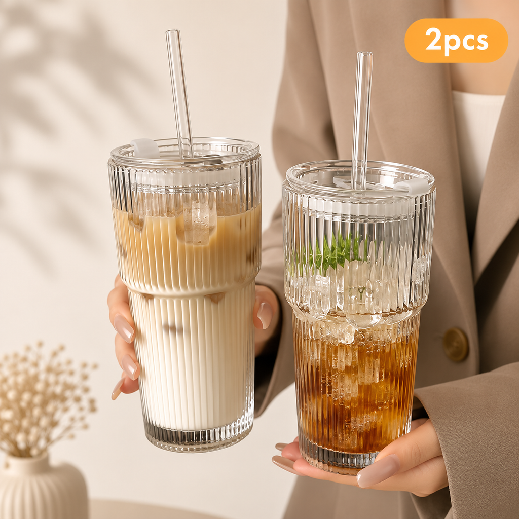 20 oz Ribbed Glass Iced Coffee Cup with Glass Lid & Glass Straw