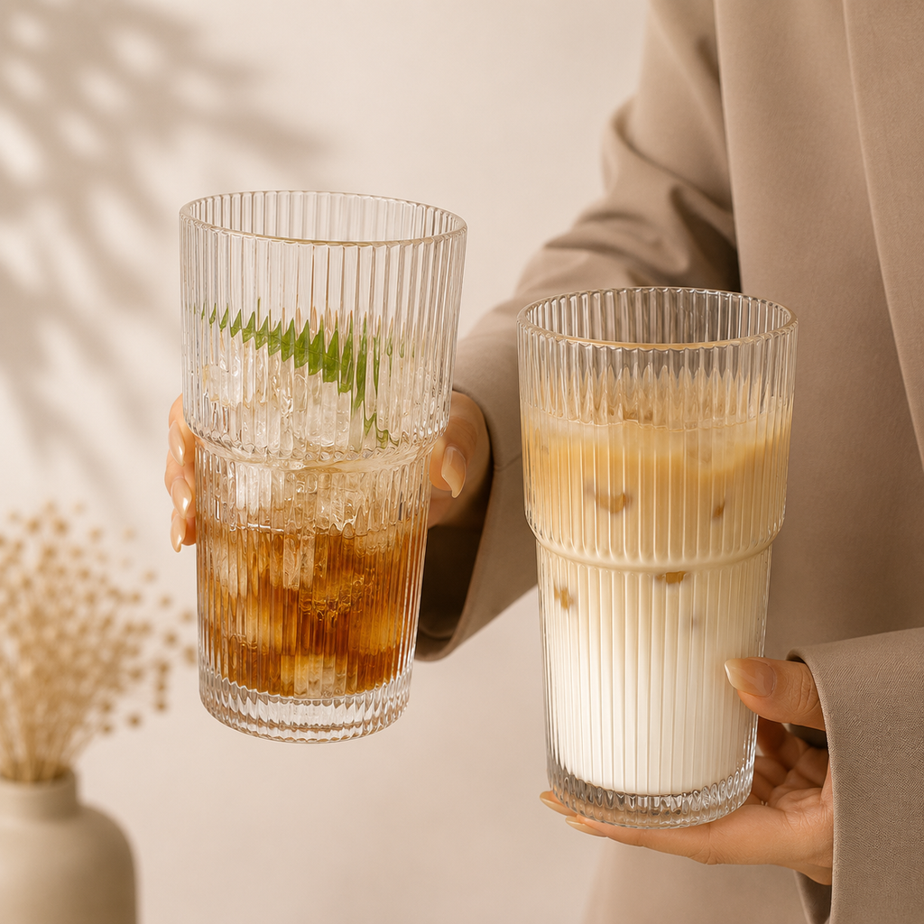 20 oz Ribbed Glass Iced Coffee Cup with Glass Lid & Glass Straw