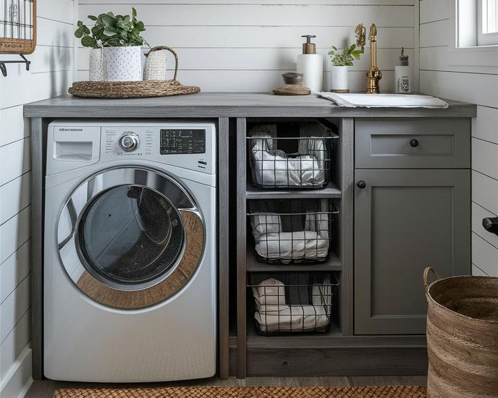A styled laundry room corner featuring a gray cabinet with a stainless steel washing machine, open shelving with woven baskets, a white sink, and a natural fiber rug on a white shiplap wall.
