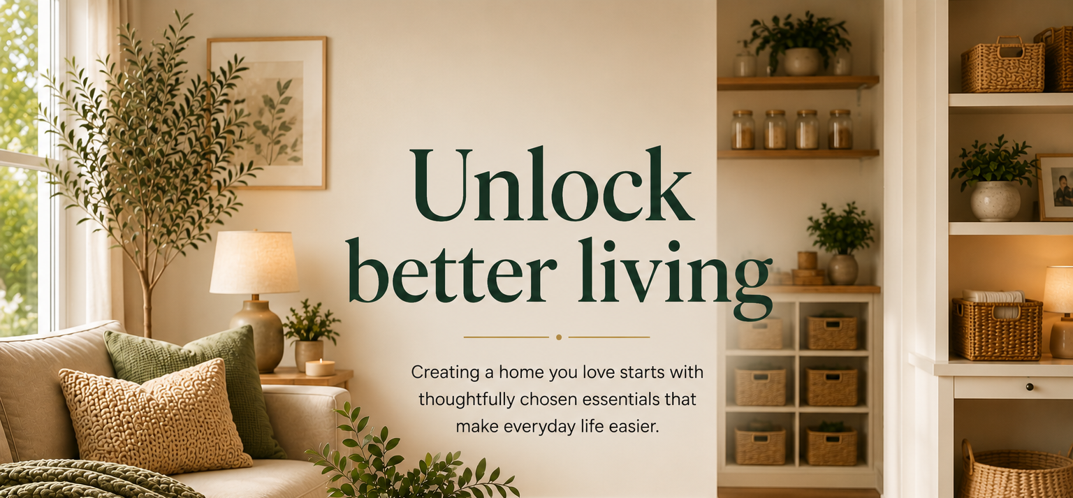A styled home interior with a sofa, shelves, plants, and a coffee table, overlaid with large text reading 'Unlock better living' and smaller marketing copy. This is not a clean product shot, measurement chart, swatch, or instruction diagram, and there is no single clearly sellable physical product isolated as the subject, so subject_type is Other.