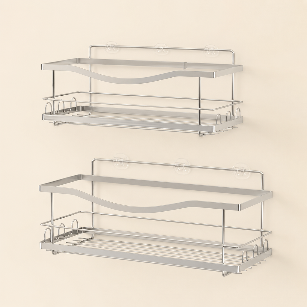 2 Pack Adhesive Shower Caddy Storage Set | No-Drill Bathroom Organizer Shelves with Hooks