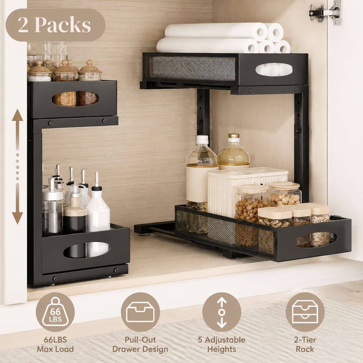 Black metal 2-tier pull-out spice rack organizer shown installed inside a light wood cabinet, with jars, bottles, and rolled towels stored inside. The image includes a '2 Packs' label, measurement arrows, and feature icons at the bottom highlighting 66 lbs max load, pull-out drawer design, 5 adjustable heights, and 2-tier rock capacity.